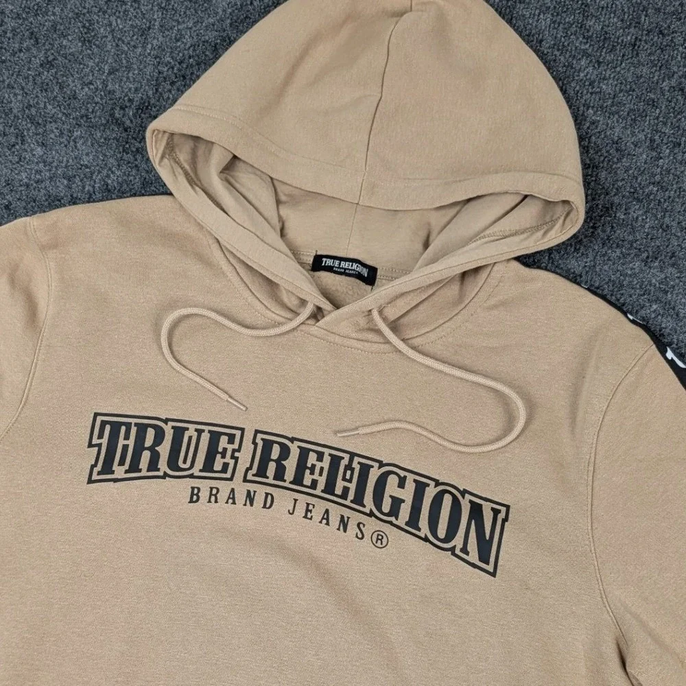 True Religion Arch TR Taping Pull Hoodie Tan Beige Horseshoe Logo Mens L